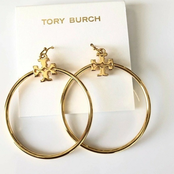 Tory Burch Gold Logo Hoop Earrings - Picture 3 of 3